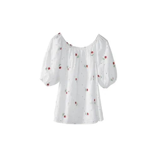 Fstudio Shirts Women's White Background With Red Flowers