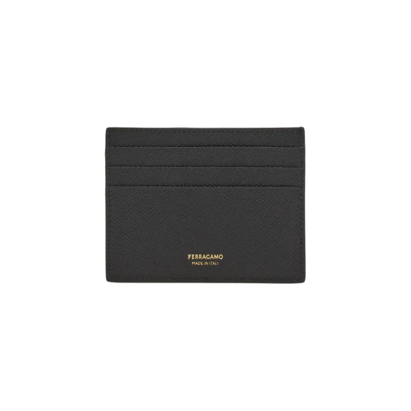 FERRAGAMO GANCINI Stamped Calfskin Card Clip Card Holder Men's Black-1