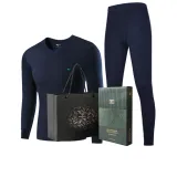 Thermal Underwear Tops+Long Johns Clothing Sets (Navy Blue)-100% cotton, Breathable, 3A Antibacterial, Thermal