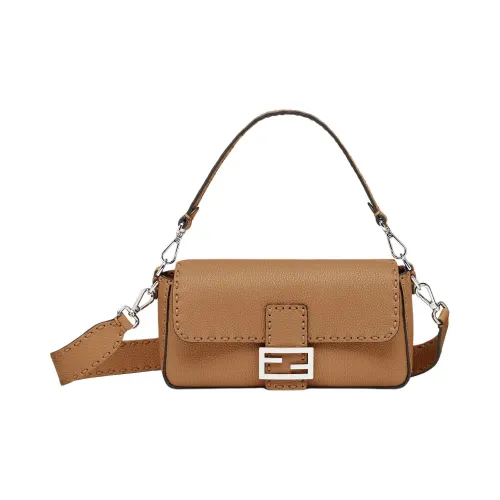 fendi silk Baguette Cow Leather Shoulder Bag Crossbody Bag Handbag Medium Size Women's Coffee