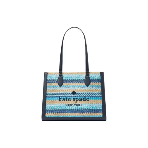 Kate Spade Straw With Smooth Leather One Shoulder Handbags Large Size Women's Blue