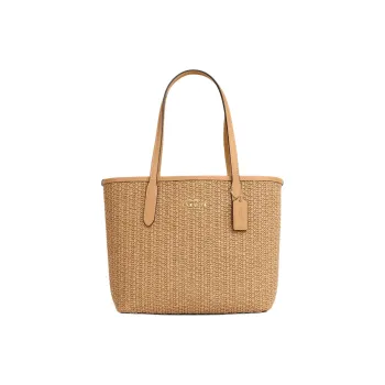 COACH City Straw With Smooth Leather Tote Bag, Shopping Bag, One Shoulder Handbag Medium Size Women's Latte