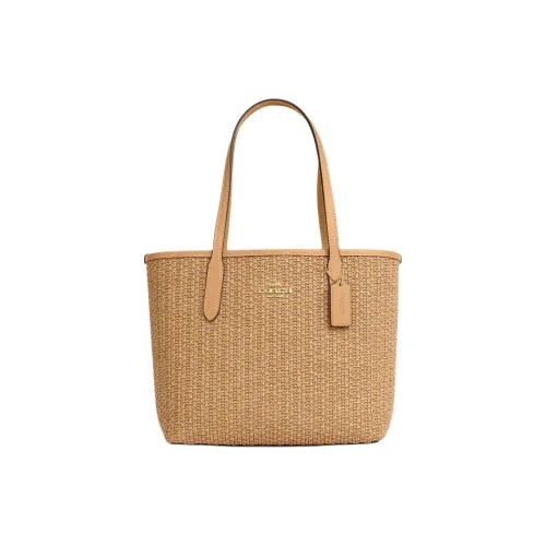 COACH City Straw With Smooth Leather Tote Bag, Shopping Bag, One Shoulder Handbag Medium Size Women's Latte
