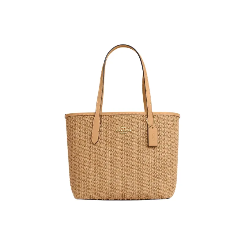 COACH City Straw With Smooth Leather Tote Bag, Shopping Bag, One Shoulder Handbag Medium Size Women's Latte-0