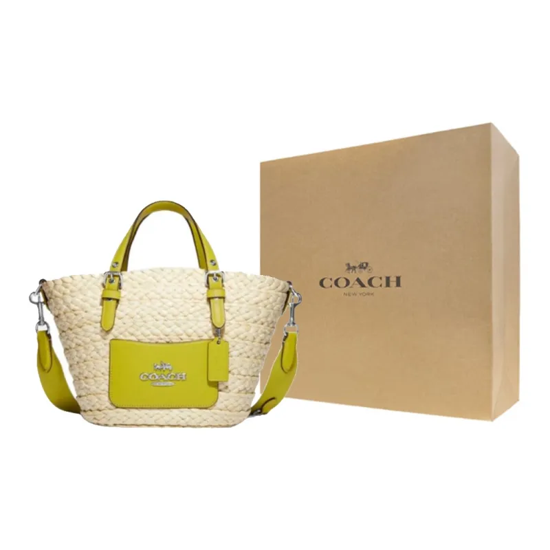COACH Straw Woven With Leather Tote Bag, Shopping Bag, Tote Handbag Medium Size Women's Light Khaki & Green-6