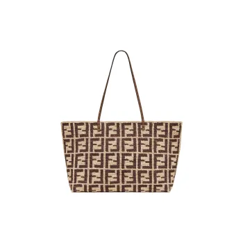 FENDI Raffia With Calfskin Tote Bag Shopping Bag Shoulder Bag Handbag Large Size Women's Brown