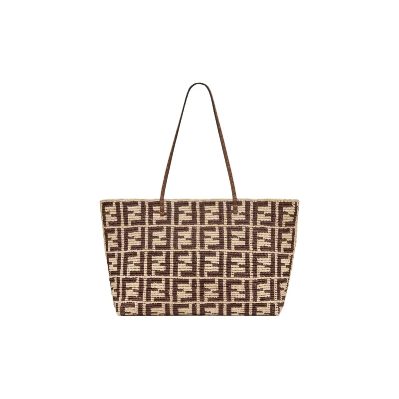 FENDI Raffia With Calfskin Tote Bag Shopping Bag Shoulder Bag Handbag Large Size Women's Brown-0