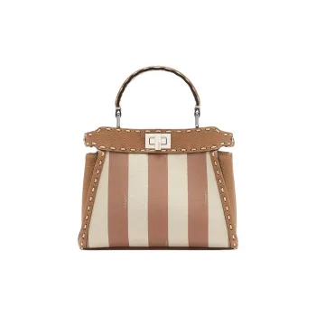 FENDI Peekaboo Pequin Stripes Fabric Shoulder Bag Crossbody Bag Handbag Mini Women's Beige