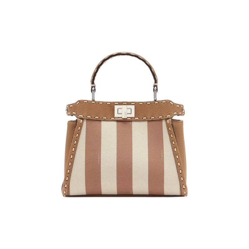 FENDI Peekaboo Pequin Stripes Fabric Shoulder Bag Crossbody Bag Handbag Mini Women's Beige-0