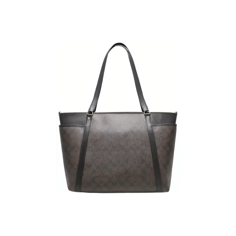 COACH Baby Canvas With Leather Tote Bag, Shopping Bag, Crossbody Bag, Shoulder Bag Women's Dark Brown-3