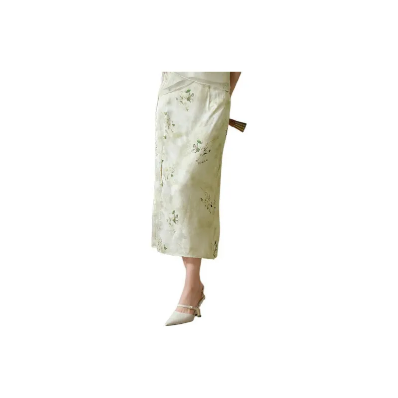 Hopeshow Casual Long Skirts Women's Green Floral-1