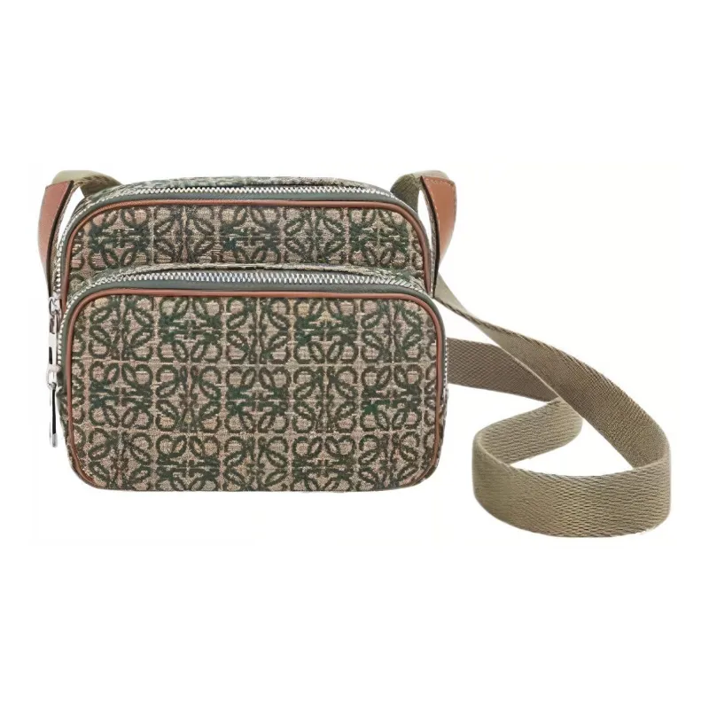 LOEWE Canvas With Leather Shoulder Bag Unisex Khaki-4