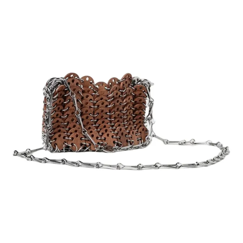 Paco Rabanne Wooden Patchwork Metal Shoulder Bag Unisex Brown-1
