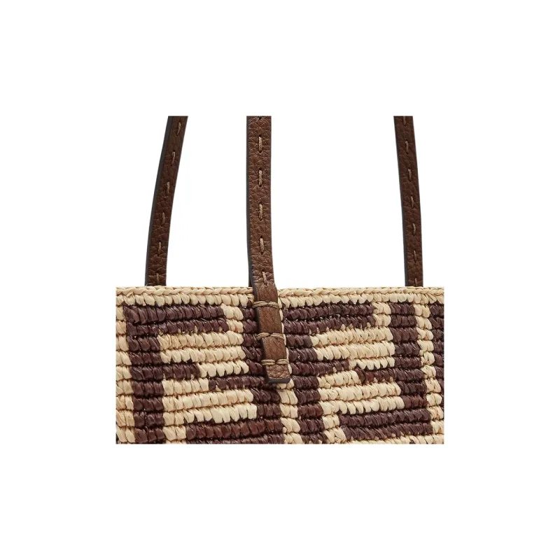FENDI Raffia With Cow Leather Handbag, Shoulder Bag Trumpets Women's Brown-5