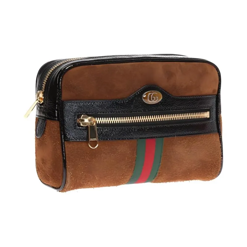 GUCCI Ophidia Suede Bound Patent Leather One Shoulder Crossbody Bag Sling Bag Fanny Pack Small Size Unisex Brown/Black-1