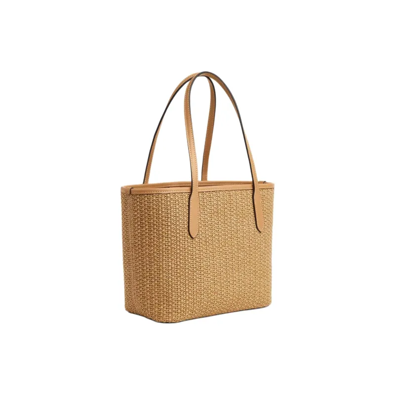 COACH City Straw With Smooth Leather Tote Bag, Shopping Bag, One Shoulder Handbag Medium Size Women's Latte-1