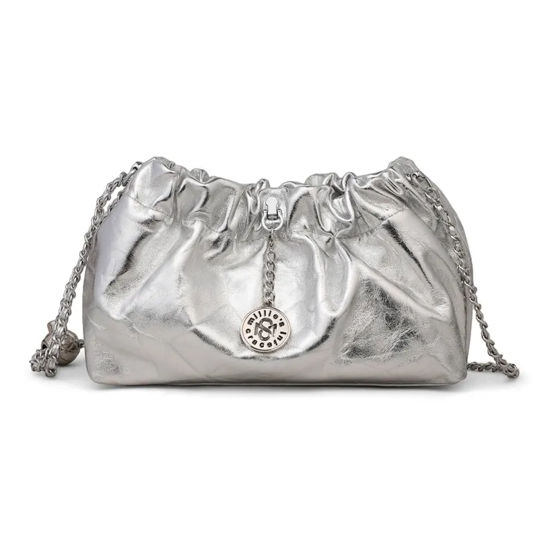 MILLIE'S Cow Leather Patchwork Synthetic Leather Shoulder Bag Crossbody Bag Chain Cloud Bag Regular Women's Silver-3