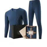 Men's V-Neck Set (Blue) Dralon Heat/Seamless High Elastic/3A Antibacterial