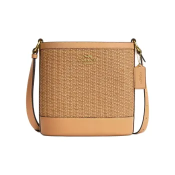 COACH Straw With Smooth Leather Bucket Bags Shoulder Bag Crossbody Bag Small Size Women's Latte Multicolor