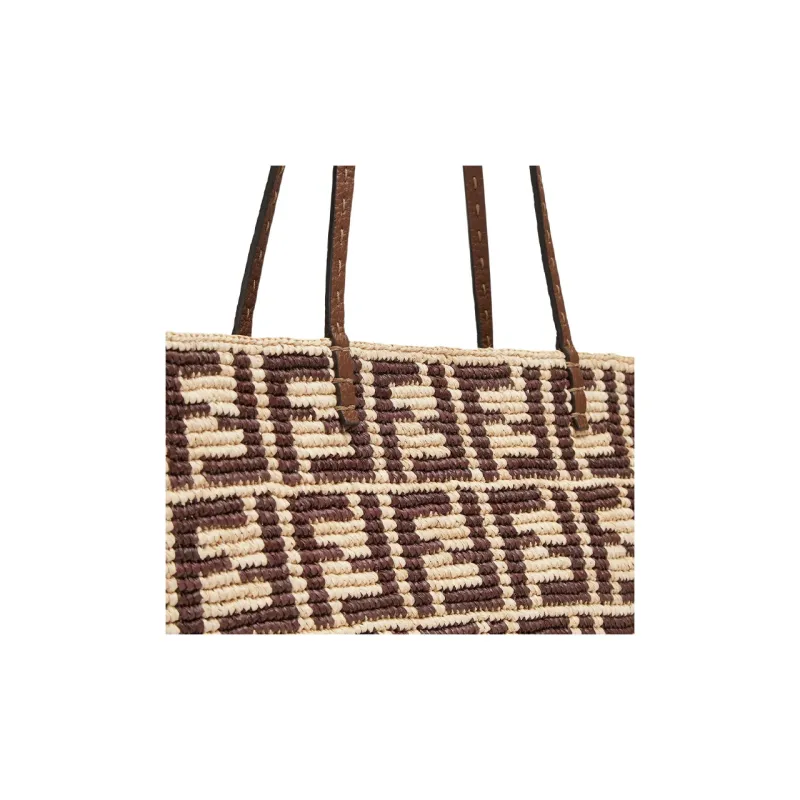 FENDI Raffia With Calfskin Tote Bag Shopping Bag Shoulder Bag Handbag Large Size Women's Brown-4