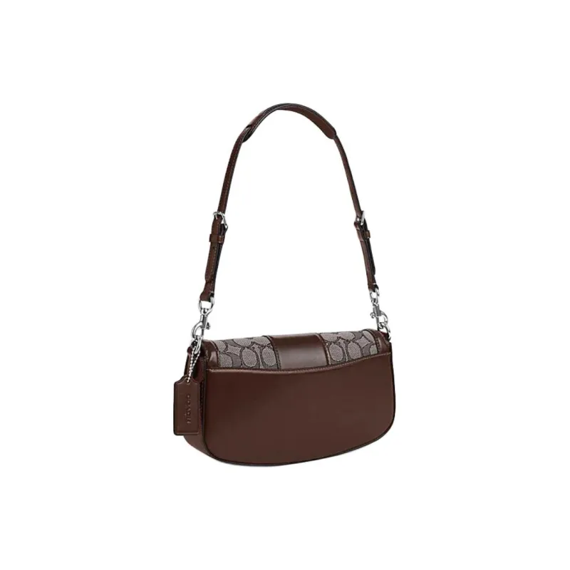 COACH Cow Leather Patchwork With Fabric Handbag Shoulder Bag Medium Size Women's Oak Mixed Maple Brown-2
