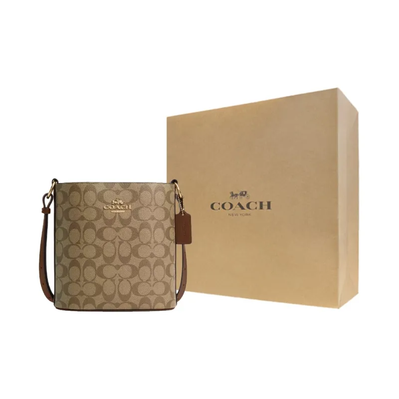 COACH Canvas With Leather Bucket Bags Crossbody Bag, Shoulder Bag Small Size Women's Gold & Khaki-6