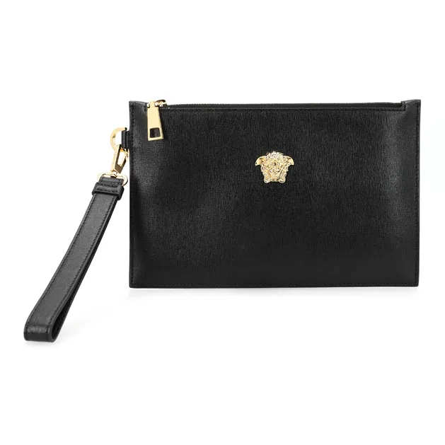 VERSACE Leather Wrist Bag Clutch Trumpets Men's Black-1