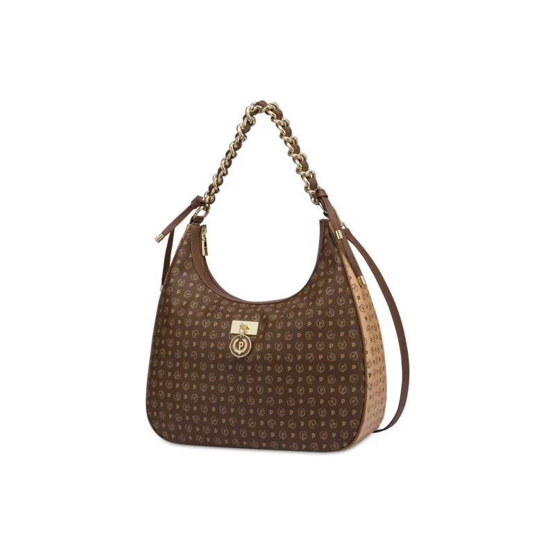 Pollini Calfskin Hobo Bag, Portable Crossbody Bag, Shoulder Bag Women's Brown & Cream-1
