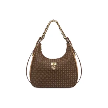Pollini Calfskin Hobo Bag, Portable Crossbody Bag, Shoulder Bag Women's Brown & Cream
