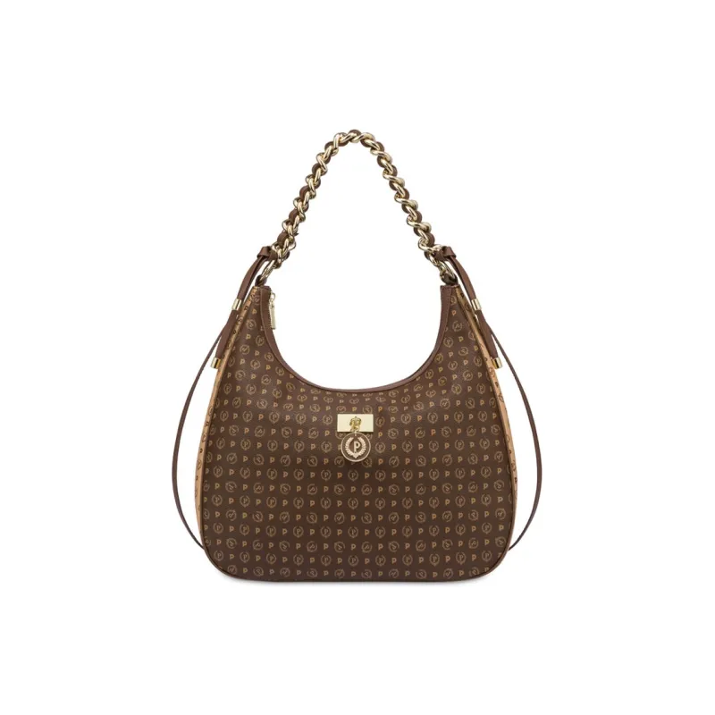 Pollini Calfskin Hobo Bag, Portable Crossbody Bag, Shoulder Bag Women's Brown & Cream-0