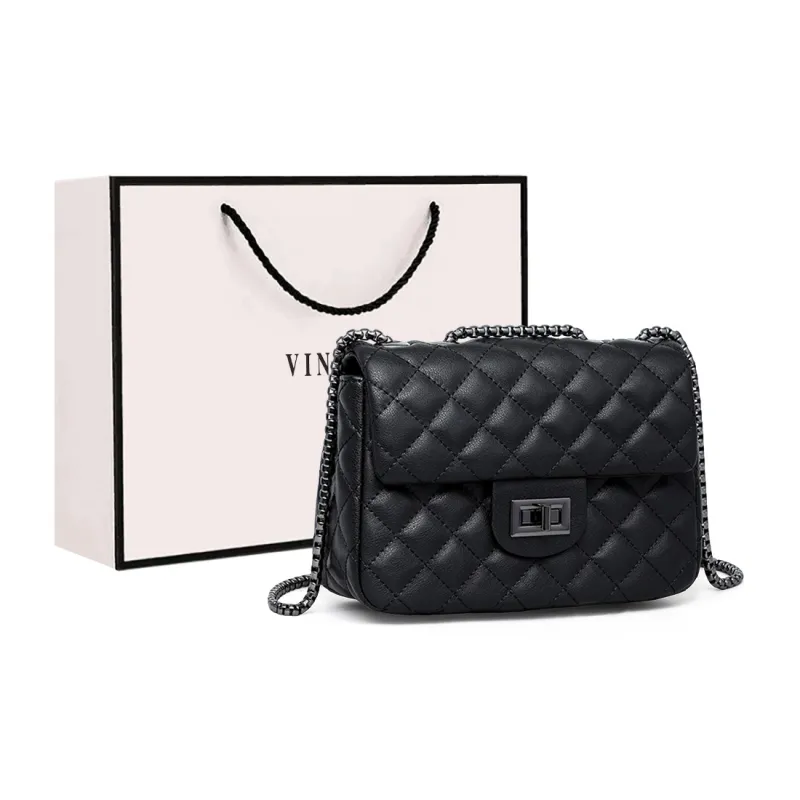 VINEY Cow Leather Crossbody Bag Shoulder Bag Small Square Bag Regular Women's Classic Black-0