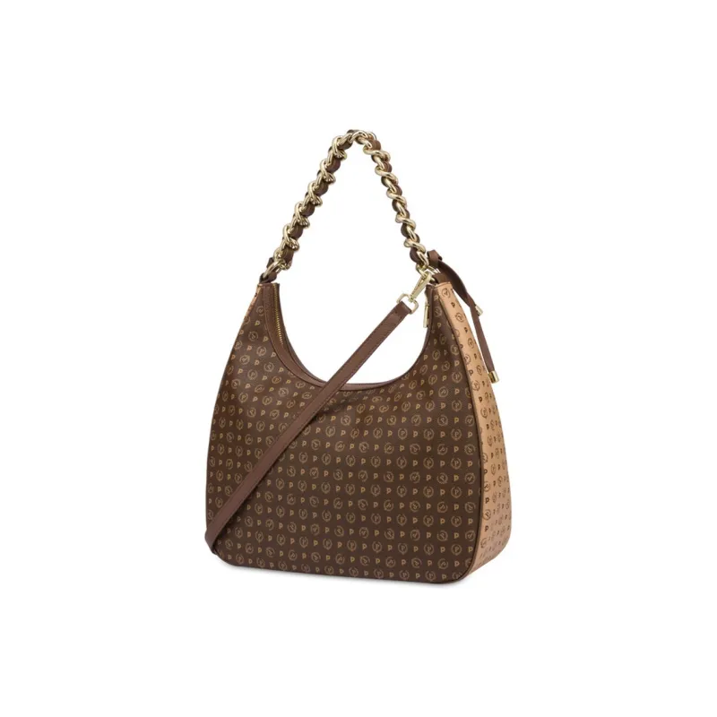 Pollini Calfskin Hobo Bag, Portable Crossbody Bag, Shoulder Bag Women's Brown & Cream-2