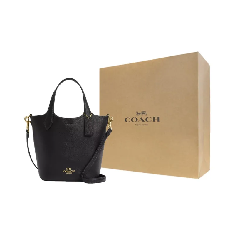 COACH Hanna Double Sided Leather Bucket Bag, Portable Crossbody Bag, Shoulder Bag Women's Gold & Black-7