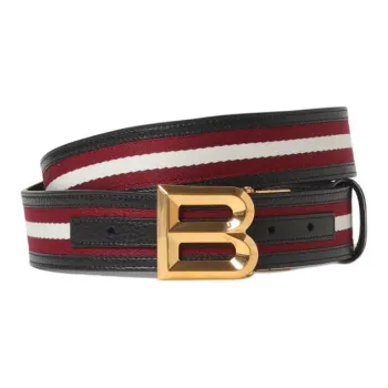 BALLY Stripes Styling Design Leather Belts Men's Brown Width 3.5CM