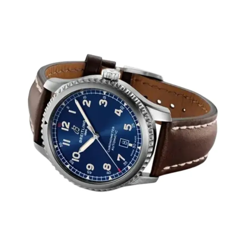 BREITLING Automatic Mechanical Movement Men's Watches Watch 41mm Blue Dial Stainless Steel Case Genuine Leather Strap-2