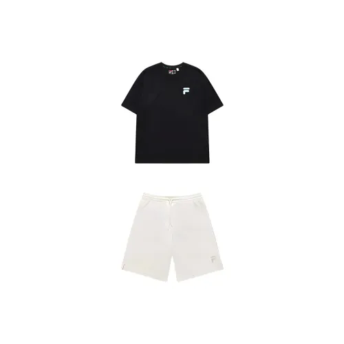 FILA FUSION Casual Sportswear Unisex Set Pitch Black Tops+White Beige Shorts