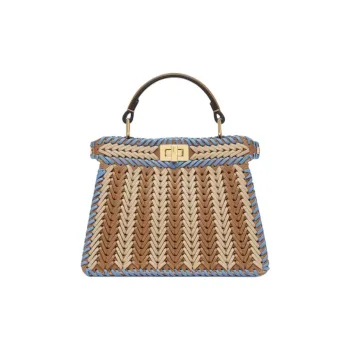 FENDI Woven Leather Shoulder Bag Crossbody Bag Handbag Small Size Women's Beige & Light Blue