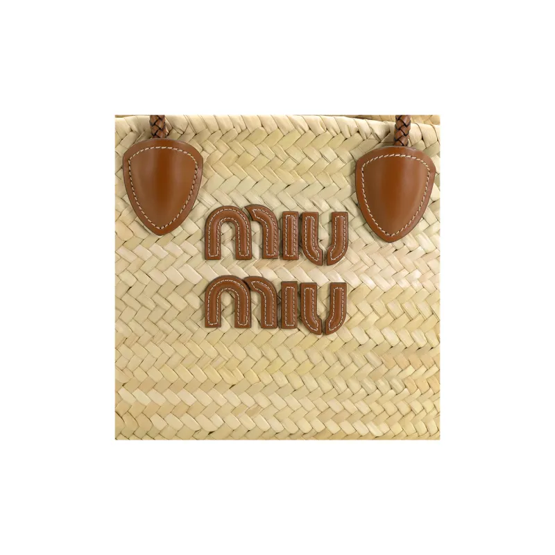 MIU MIU Wicker Tote Bag, Shopping Bag, Shoulder Bag, Handbag Women's Natural/Cognac-7