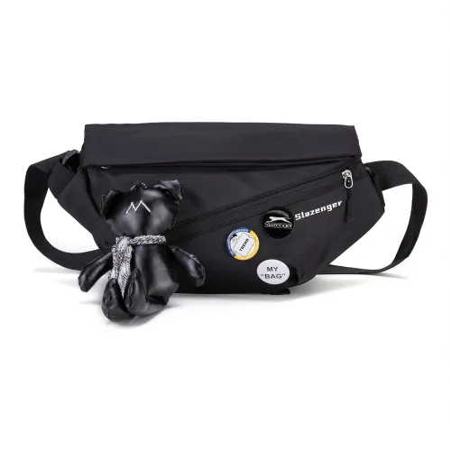 Slazenger Nylon Fabric Detachable Doll Badge Messenger Bag, Shoulder Bag Medium Size Unisex Black White Blue