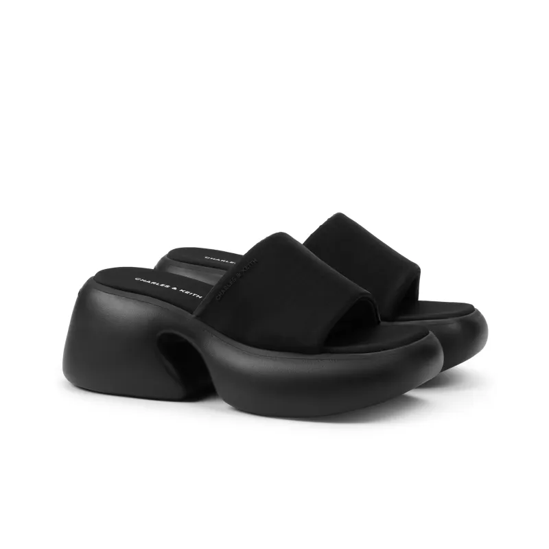 CHARLES&KEITH Composite Sole Slide Slippers 7.5cm Women's BLACK TEXTURED / White Chalk-1