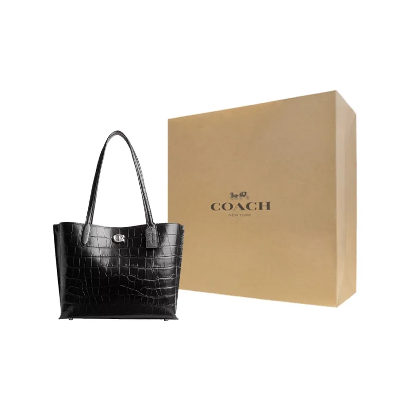 COACH Willow Leather Tote Bag, Shopping Bag Women's Silver & Black-6