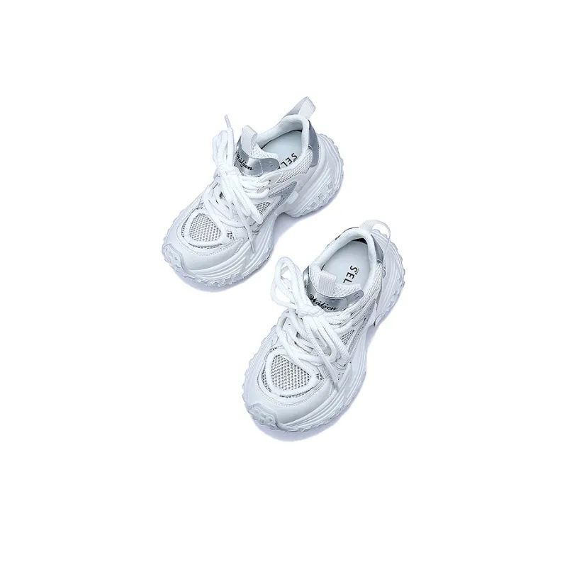 SELAIYA Slip Resistant, Breathable, Height Increasing Low Top Chunky Sneakers Women's White-3