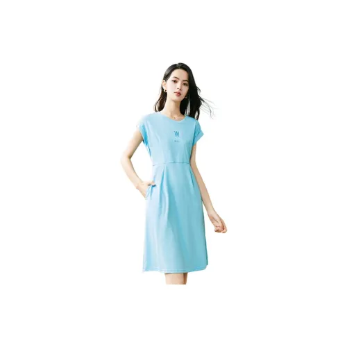 Late White Short-Sleeved Dresses Women's Light Blue