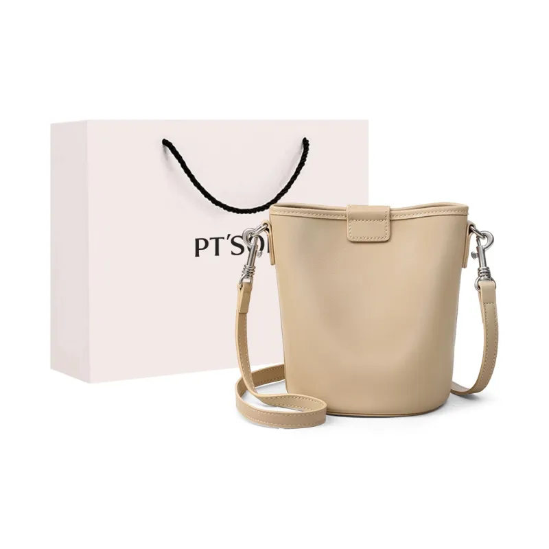 PT'SON Cow Leather With Synthetic Leather Bucket Bags Crossbody Bag, Shoulder Bag Women's Cream Apricot/Ecru-5