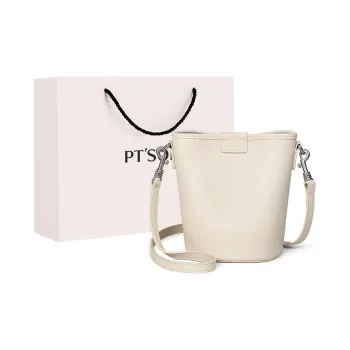 PT'SON Cow Leather With Synthetic Leather Bucket Bag, Shoulder Bag, Crossbody Bag Regular Women's Cream Apricot/Ecru