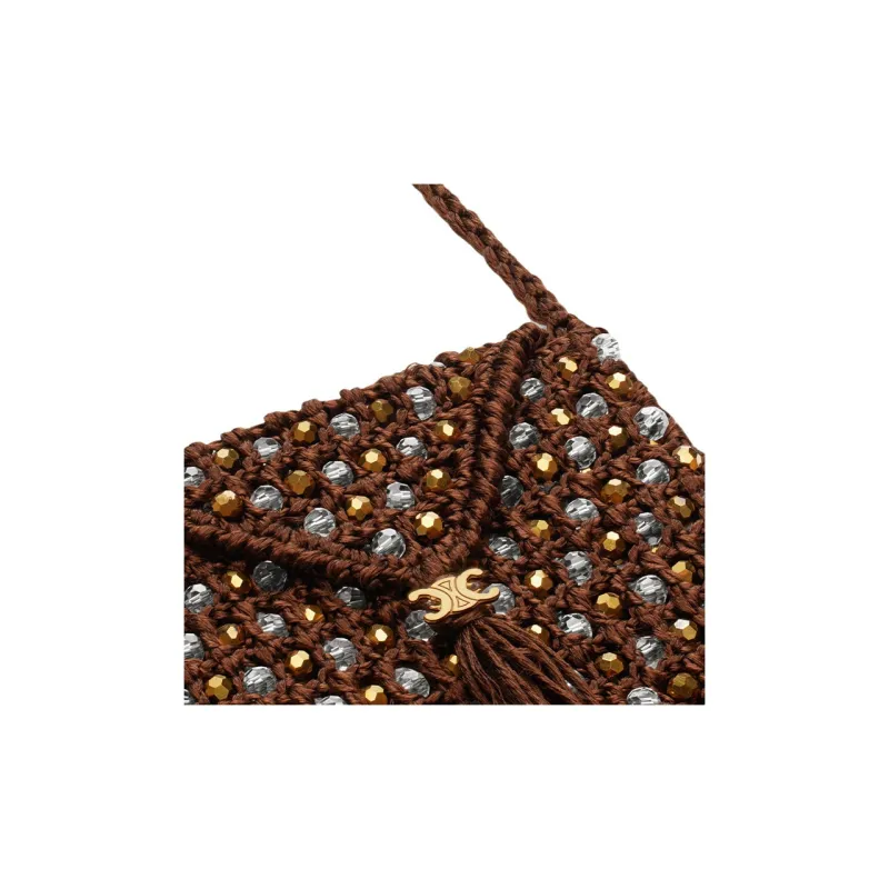 CELINE Crocheted Silk Shoulder Bag, Crossbody Bag Mini Women's Brown-3