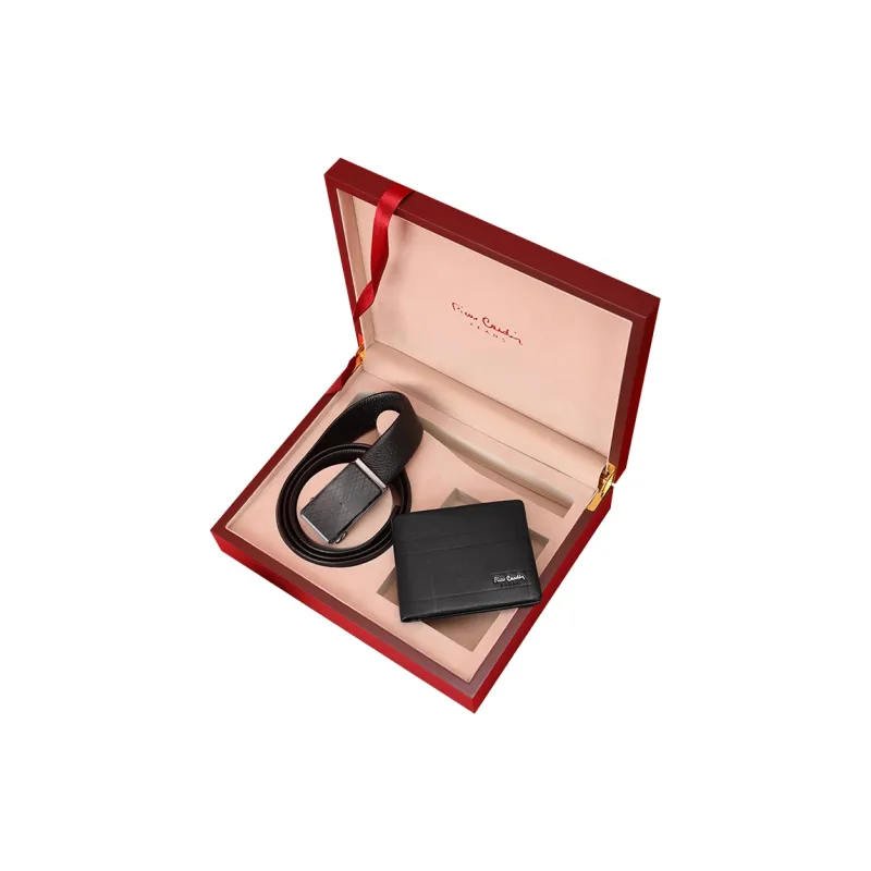 PIERRE CARDIN Top Grain Cow Leather Automatic Buckle Belt Short Wallets Men's Black-1