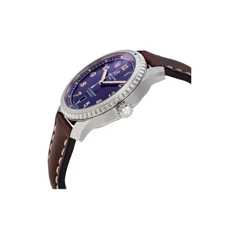 BREITLING Automatic Mechanical Movement Men's Watches Watch 41mm Blue Dial Stainless Steel Case Genuine Leather Strap-4