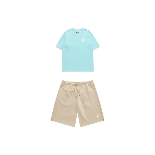 FILA FUSION Casual Sportswear Unisex Set Ice Pink Green Light T-Shirts+Peanut Butter Brown Shorts