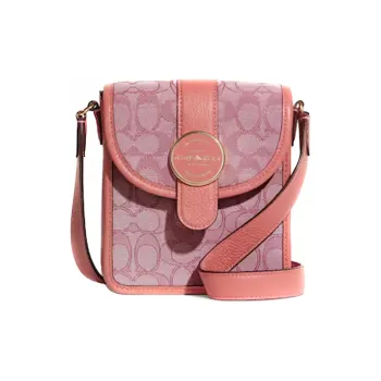 COACH N/S Iconic Jacquard With Exquisite Pebbled Leather Shoulder Bag Crossbody Bag Mini Women's Gold/Toffee Pink